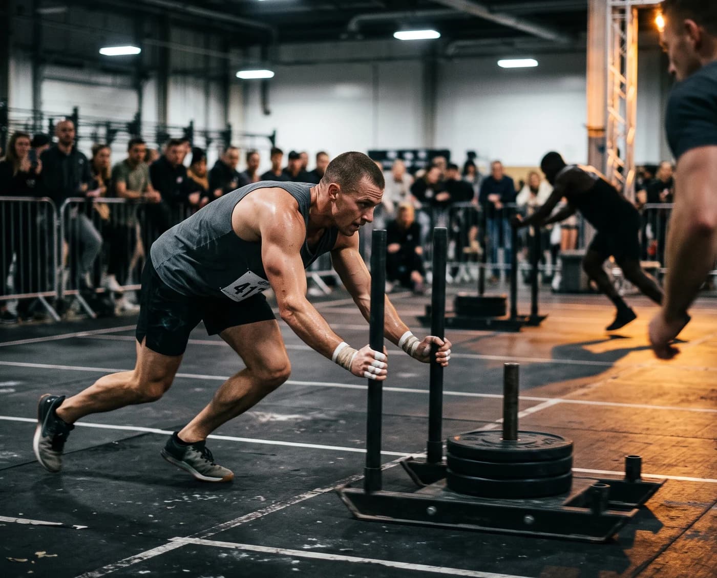 Atleta com peitoral de prova empurrando trenó carregado numa competição indoor de fitness racing, com plateia atrás das grades e outro competidor correndo ao fundo