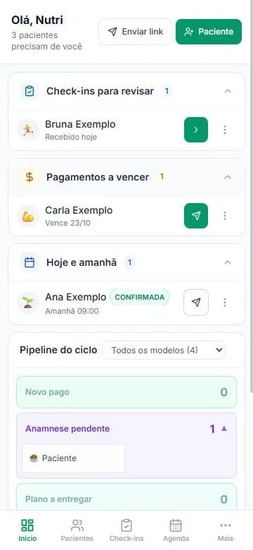 Tela do NutriOS no celular com a lista do dia: feedback para revisar, renovação a vencer e consulta de amanhã confirmada