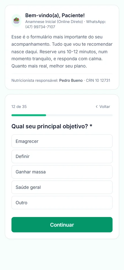 Tela real da anamnese inicial, pergunta 12 de 35: qual seu principal objetivo, com as opções emagrecer, definir, ganhar massa, saúde geral e outro