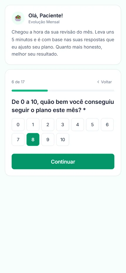 Tela real do questionário de atualização, pergunta 6 de 17: de 0 a 10, quão bem você conseguiu seguir o plano este mês, com a nota 8 marcada