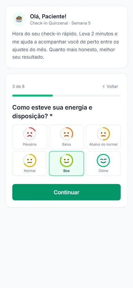 Tela do check-in quinzenal: pergunta de energia e disposição com escala de rostos, opção Boa selecionada
