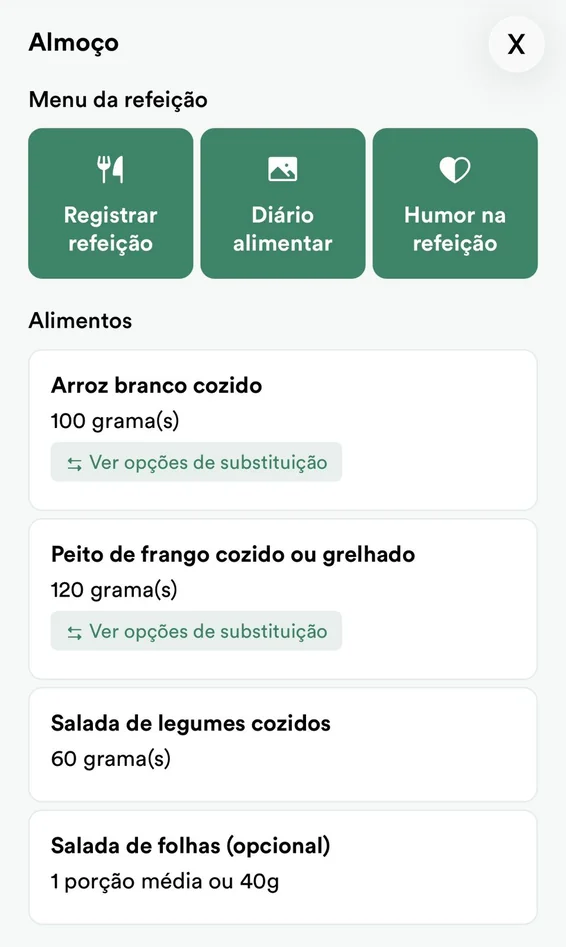 Tela real do plano alimentar no aplicativo: refeição almoço com os alimentos, a porção de cada um e o botão ver opções de substituição
