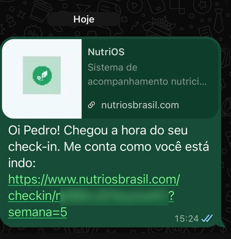 Mensagem real de WhatsApp com o link do check-in: oi Pedro, chegou a hora do seu check-in, me conta como você está indo